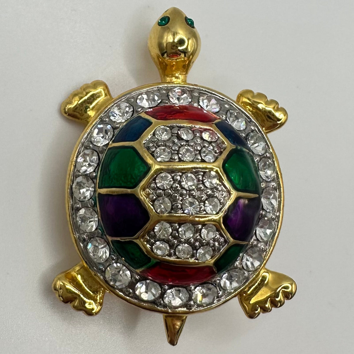 Vintage gold tone clear rhinestones multicolor enamel turtle figural brooch