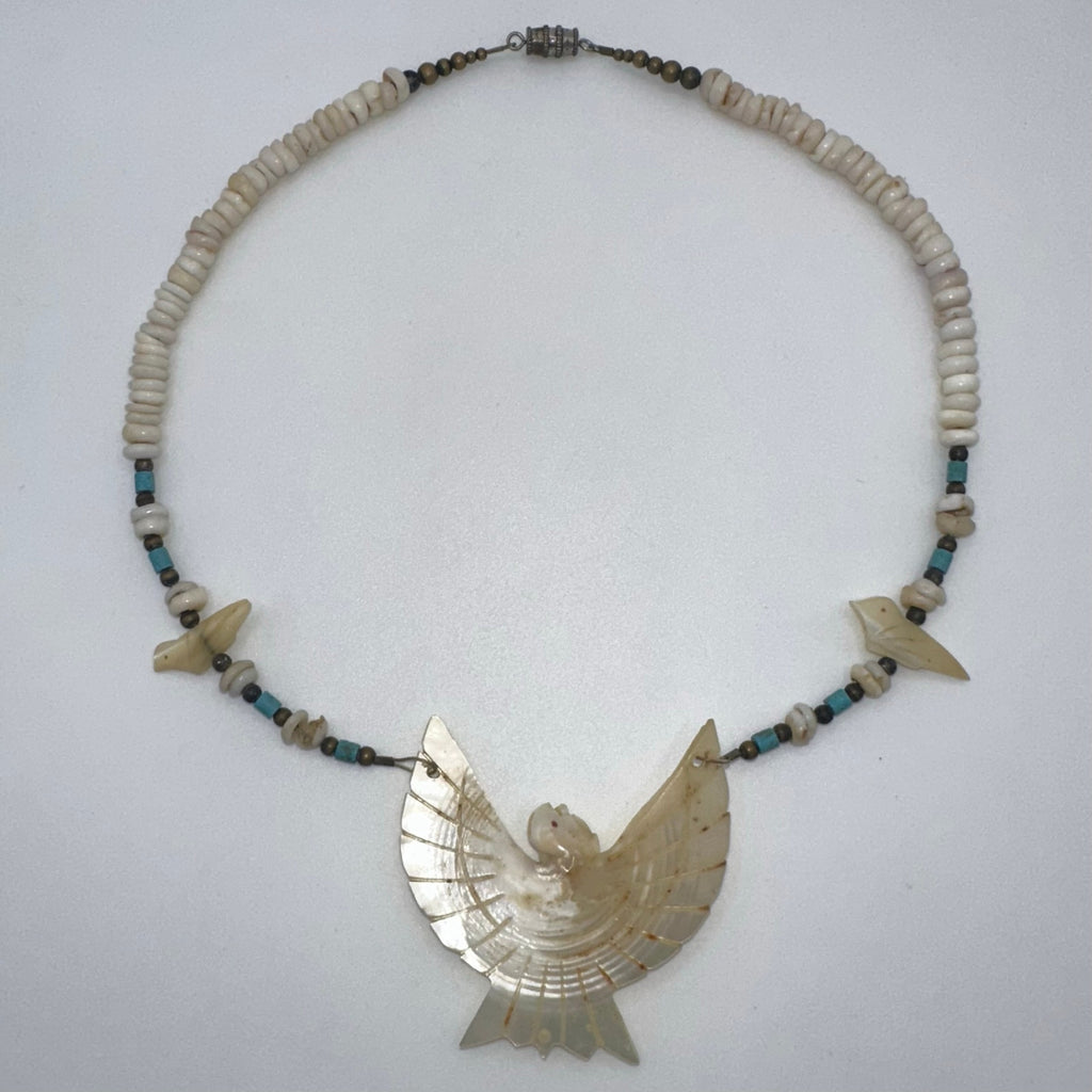 Native American carved mother of pearl fetish bird heishi beaded necklace