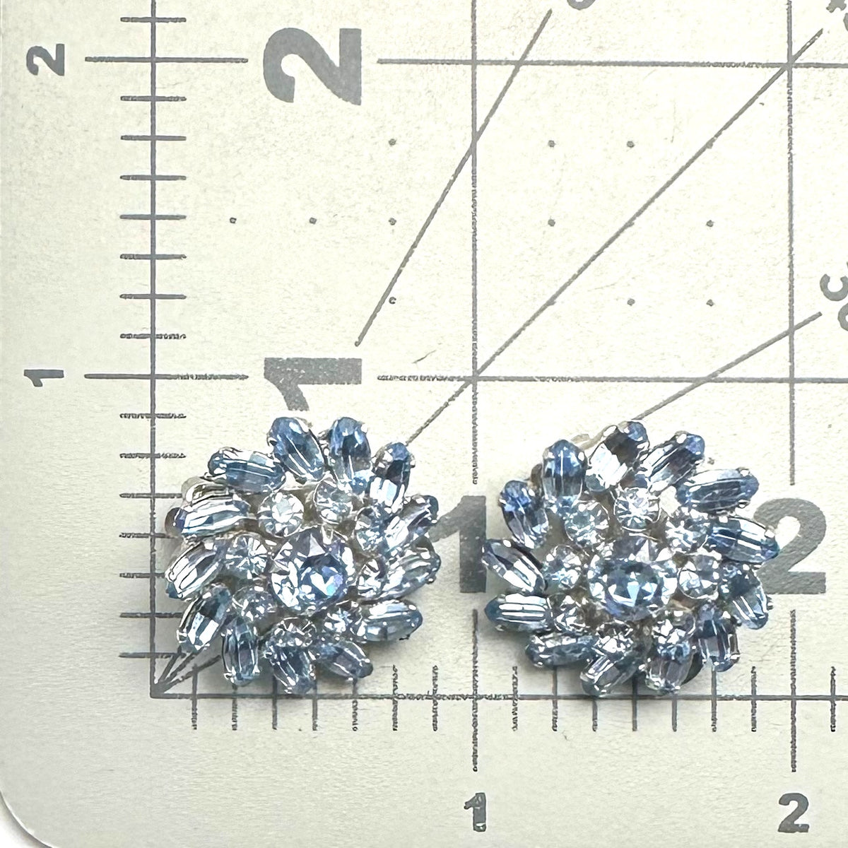 Sherman vintage silver tone light blue glass rhinestones clip on earrings