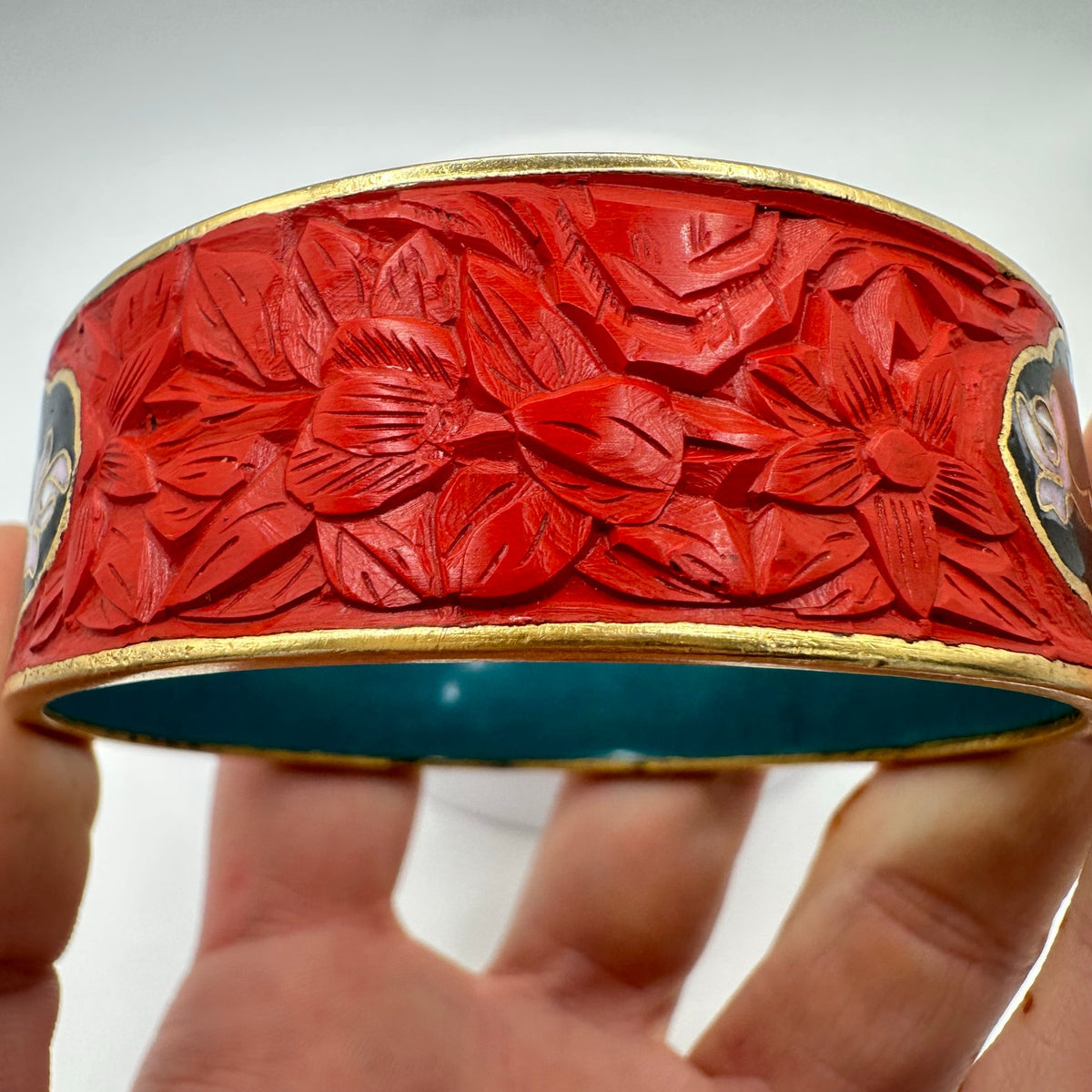 Vintage Chinese multicolor cloisonné enamel red carved cinnabar bangle bracelet