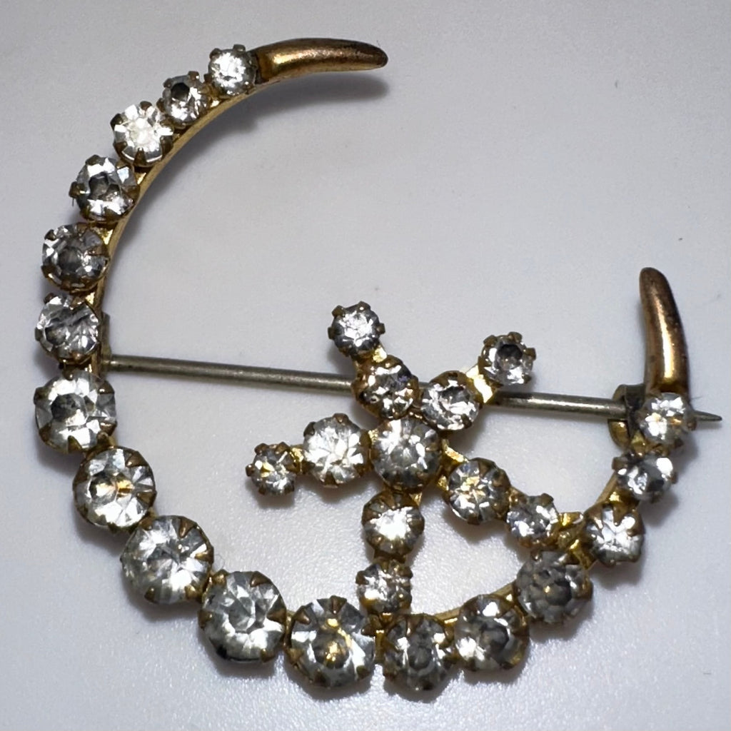 Antique Victorian gold gilt clear glass rhinestones crescent moon star brooch