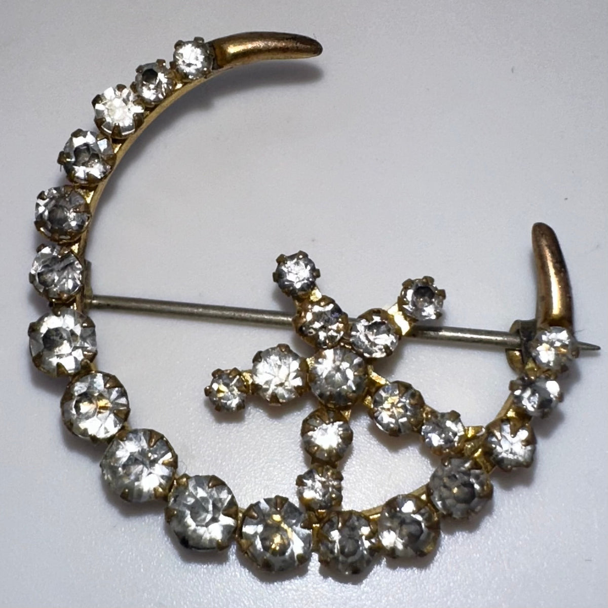 Antique Victorian gold gilt clear glass rhinestones crescent moon star brooch