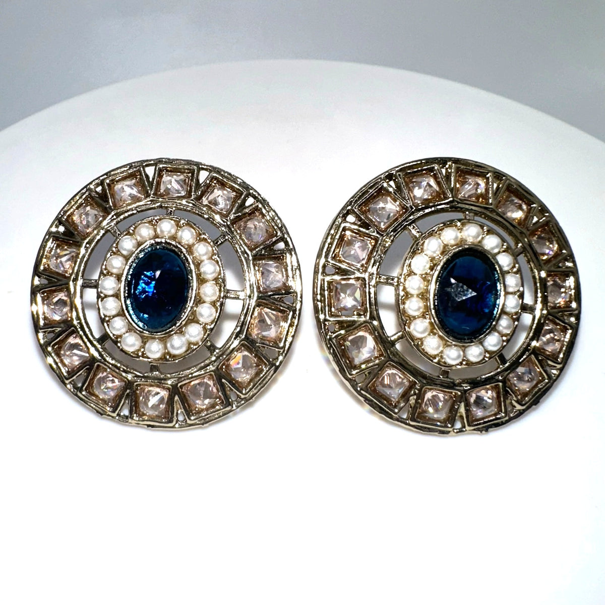 Gold plated blue champagne cubic zirconia CZ faux seed pearls post earrings