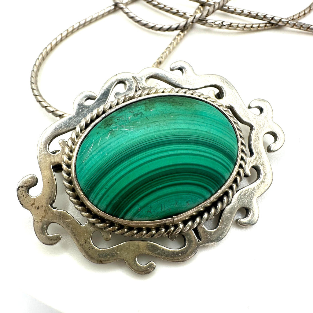 Taxco vintage 925 sterling silver genuine malachite brooch pendant necklace