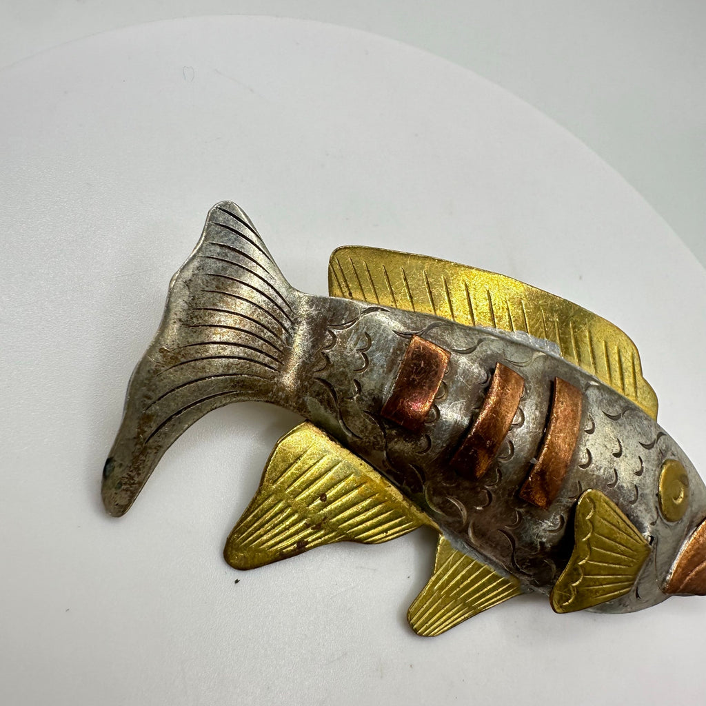 Vintage copper brass gold silver tone handmade modernist fish figural brooch