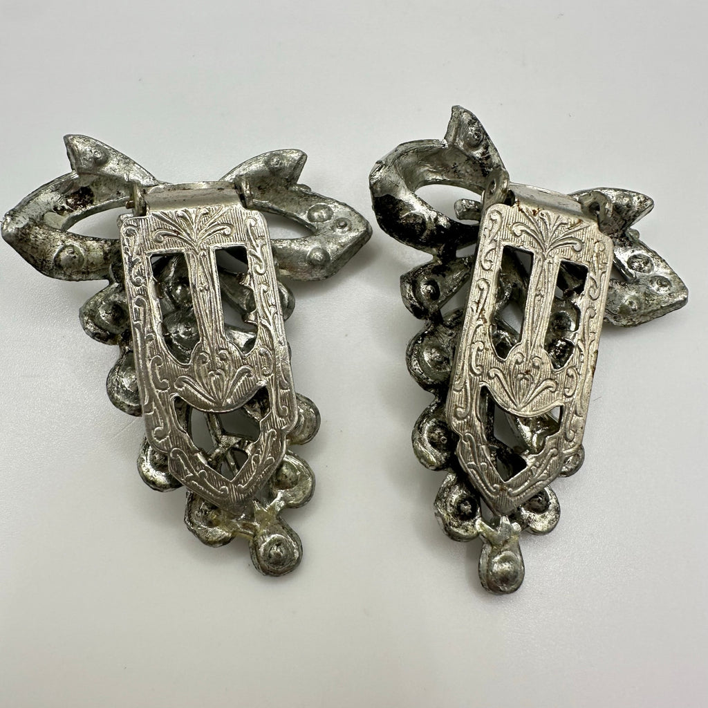 1930s antique Art Deco set 2 silver tone bows clear rhinestones dress clips