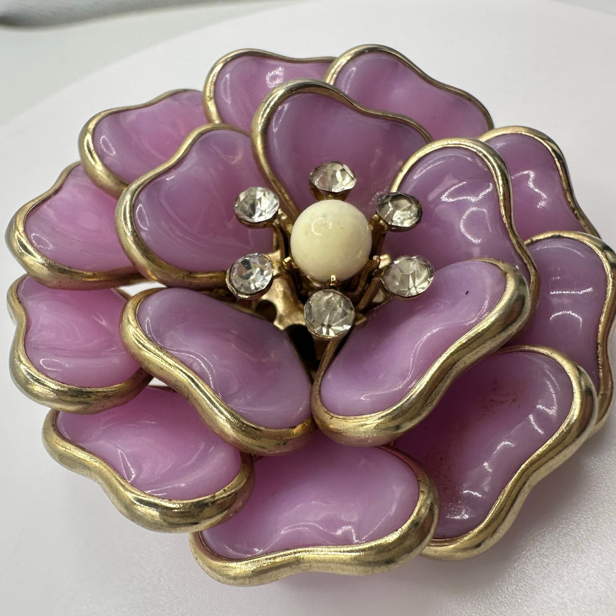 1950s vintage gold tone opaque pink molded glass layered flower floral brooch