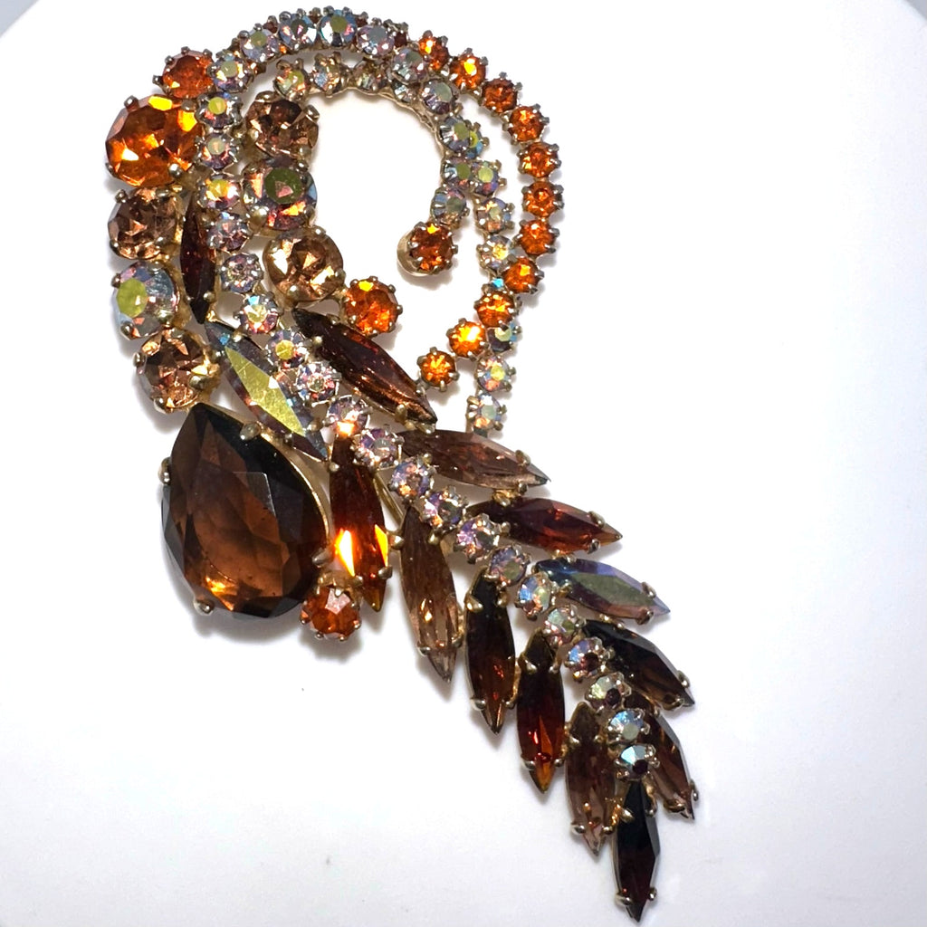 Vintage gold tone amber brown topaz glass AB aurora borealis rhinestones brooch