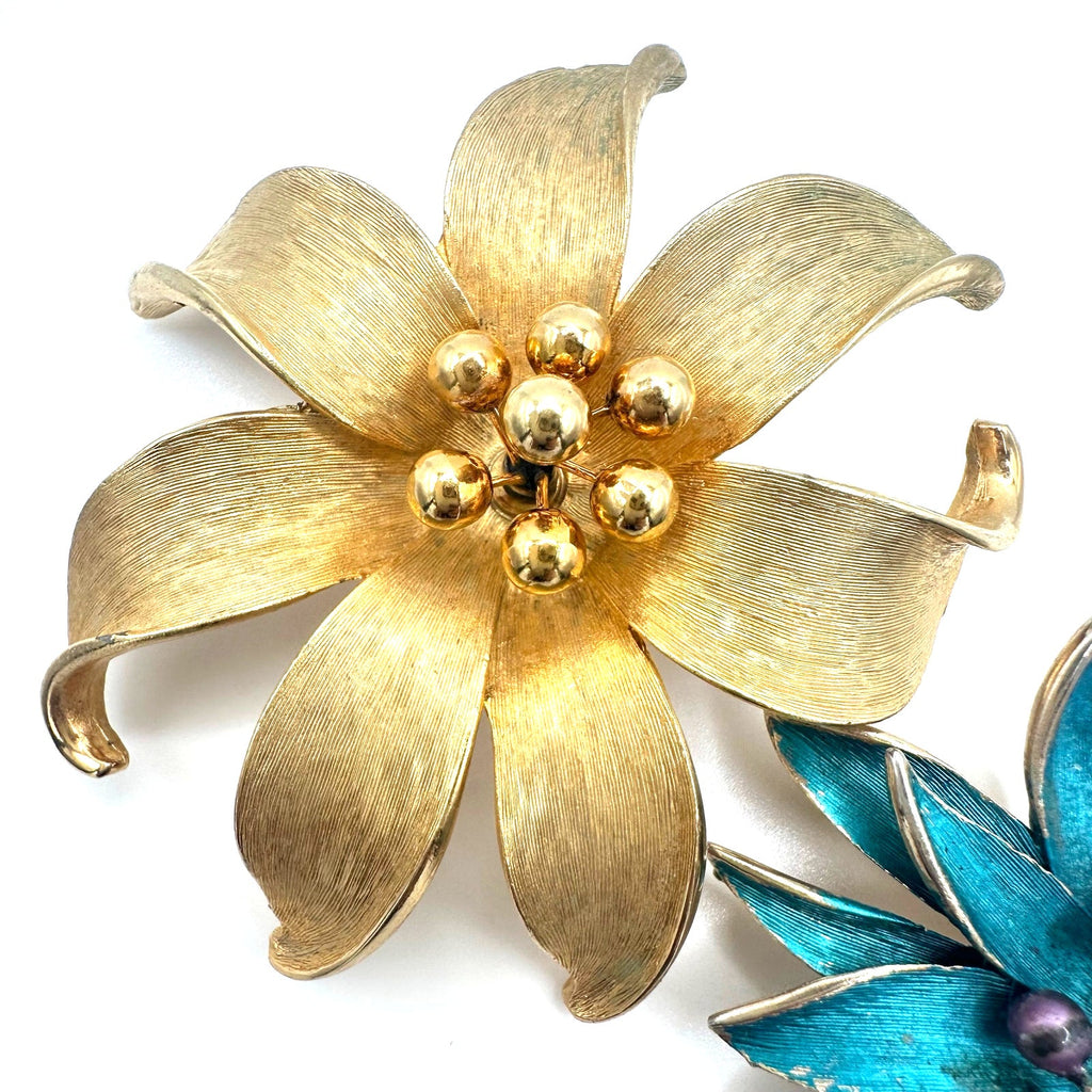 Bundle lot 2 Kramer signed vintage gold tone teal flowers floral brooches