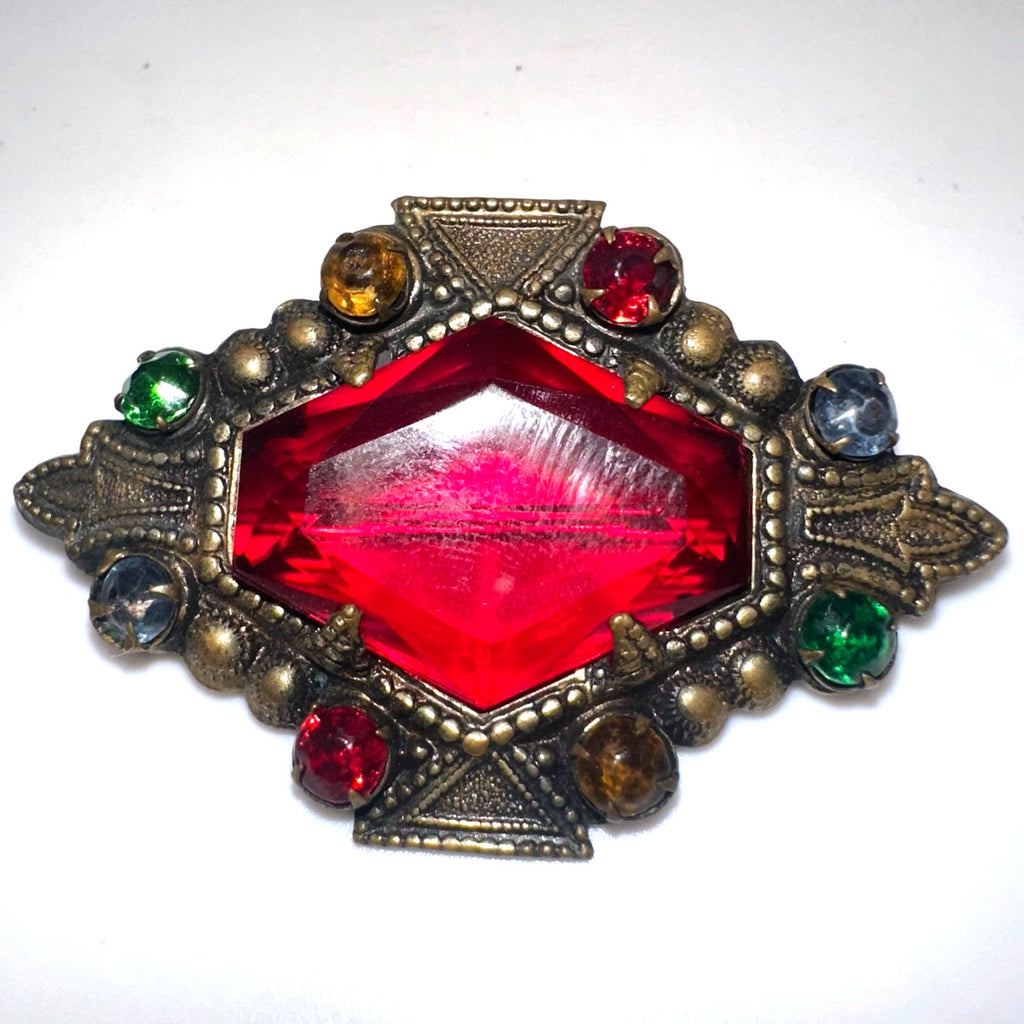 Antique Art Deco 1920s brass multicolor Czech glass rhinestones brooch pendant