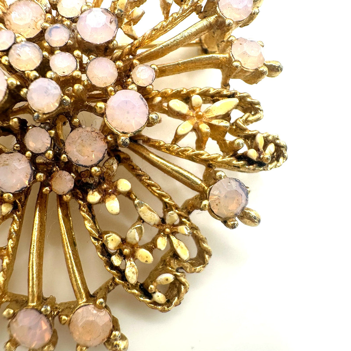 Vintage gold tone pink opalite glass rhinestones cream enamel flowers brooch