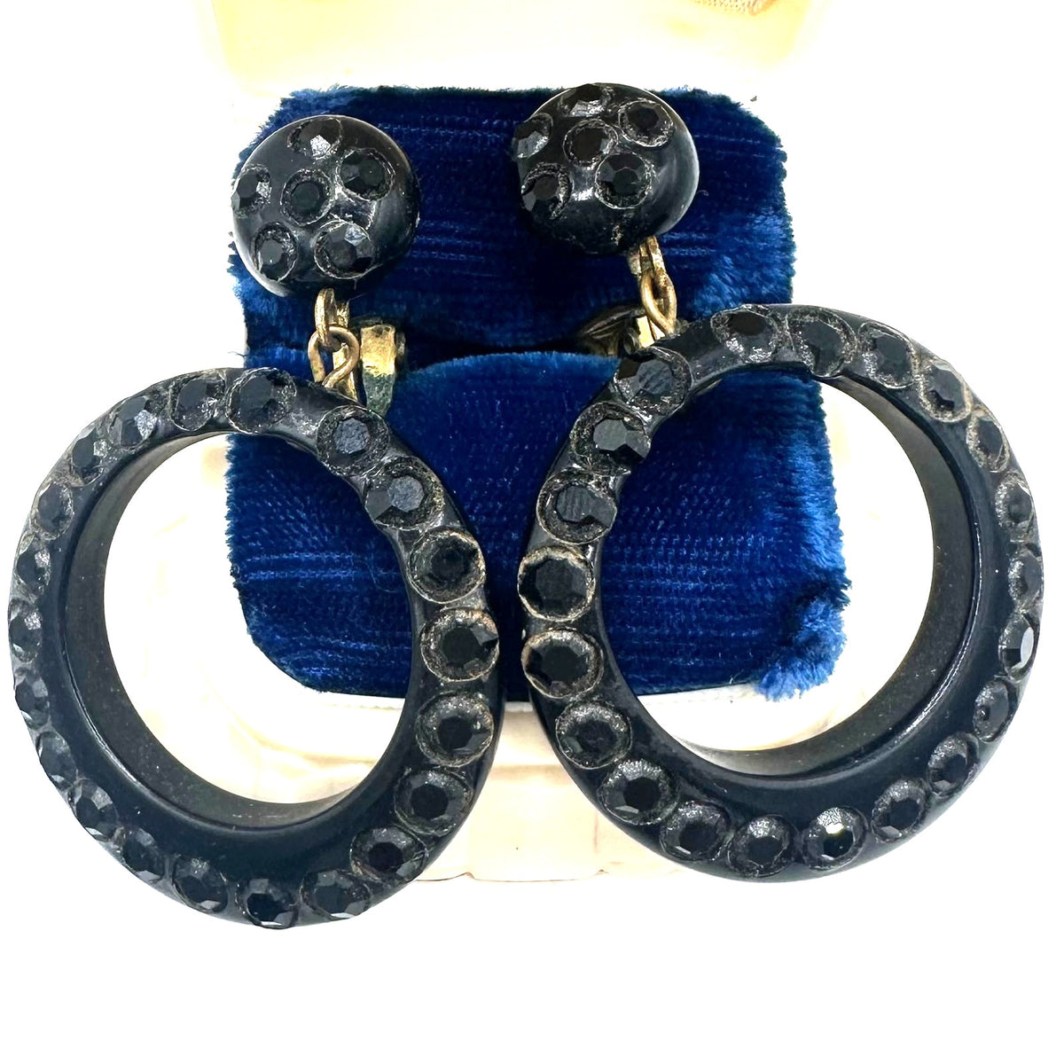 Vintage retro 1940s black lucite glass rhinestones dangle clip on earrings