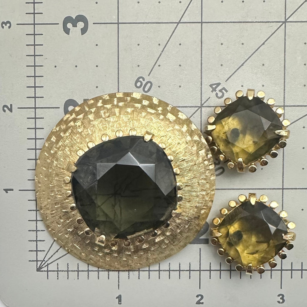 Schrager vintage gold tone smoky glass rhinestones brooch clip on earrings