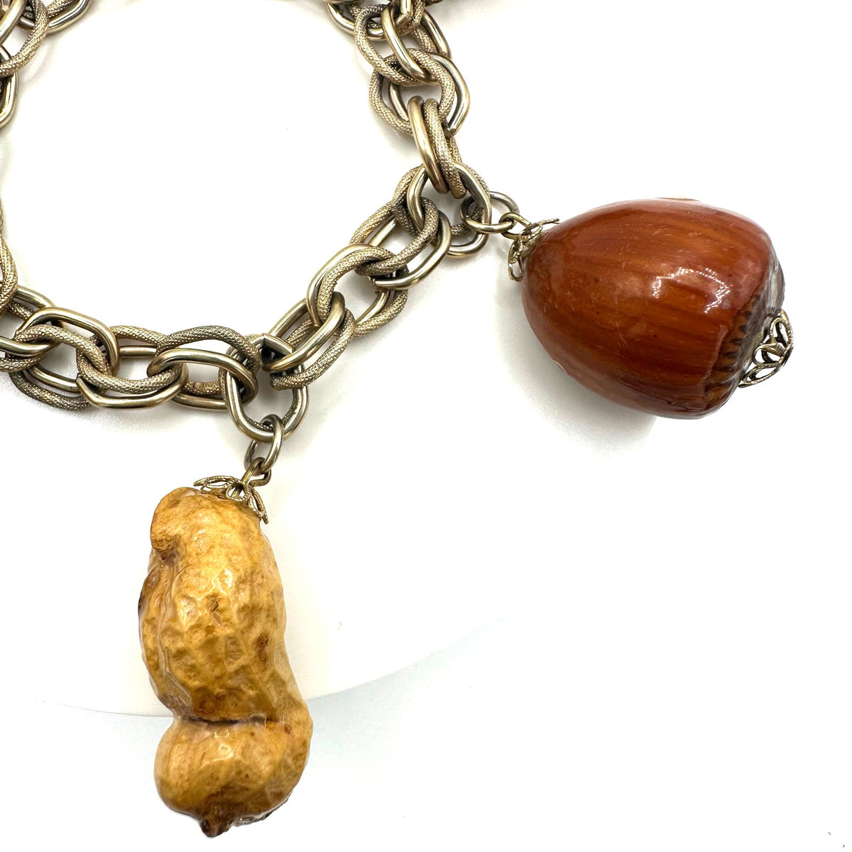 Vintage gold tone real peanuts chestnuts chunky statement chain charms bracelet