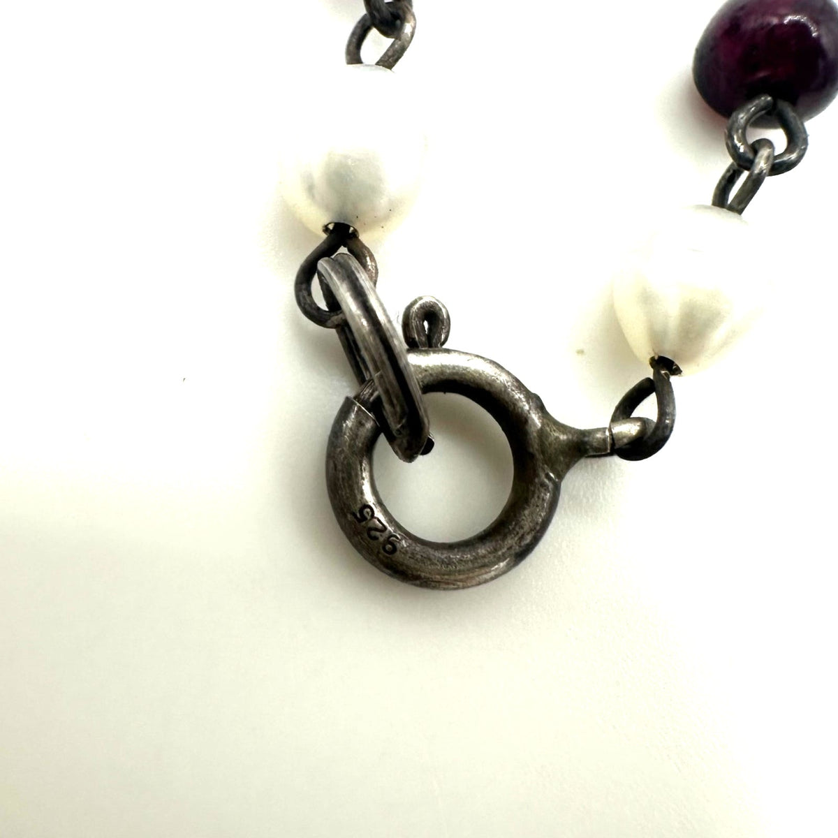 Vintage 925 sterling silver real pearls garnets quartz beaded chain 19" necklace