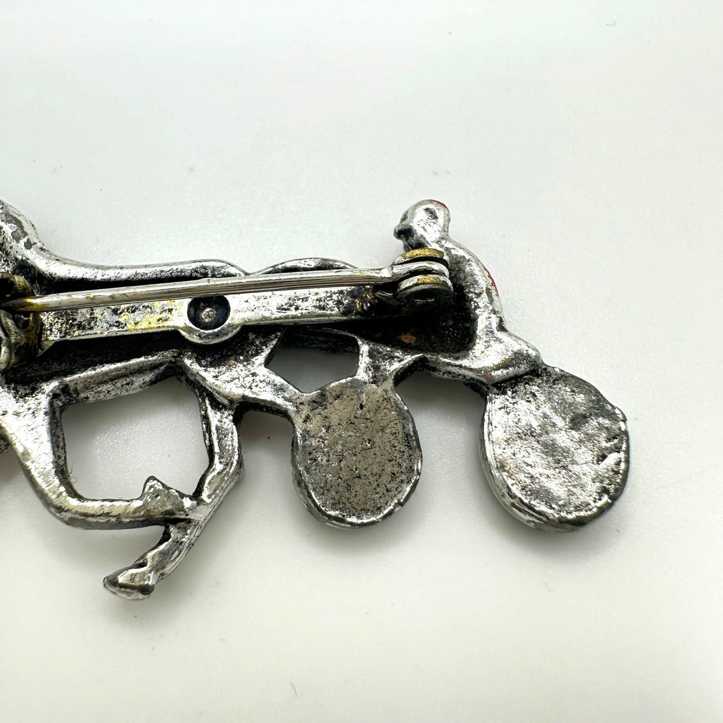 1940s vintage silver tone red enamel horse man racer chariot figural brooch