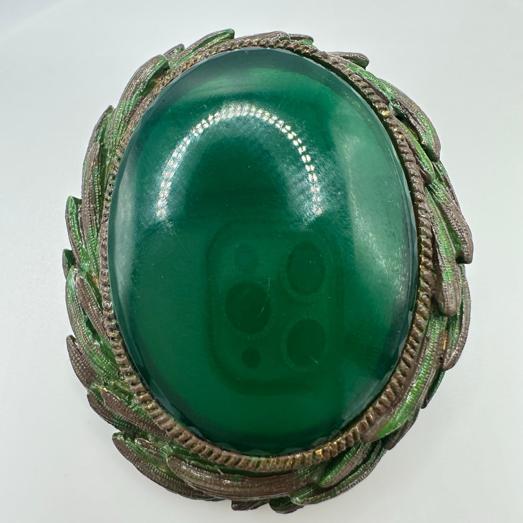 Vintage gold tone emerald green glass cabochon Victorian Revival brooch pendant