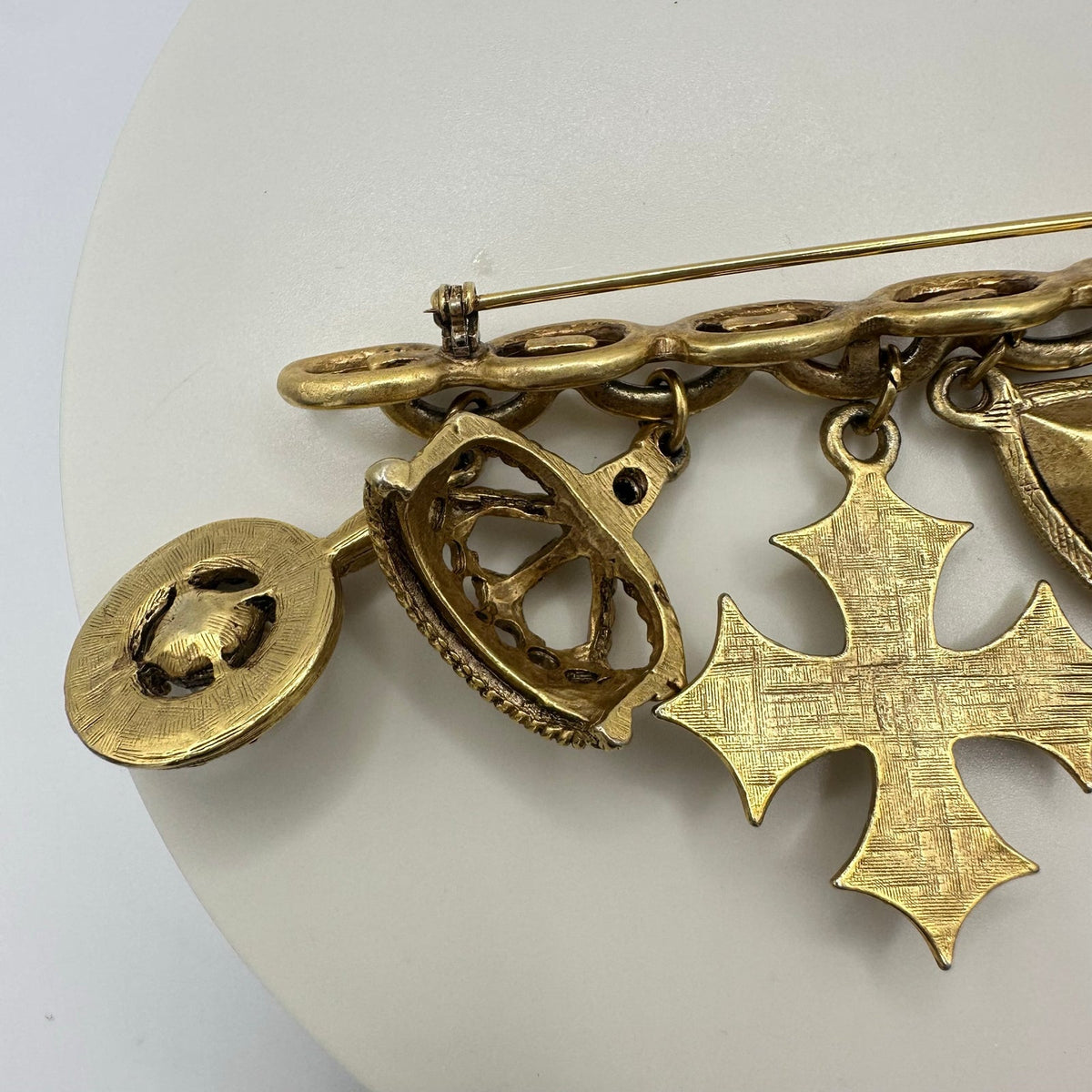 Vintage gold tone Victorian Revival 5 dangling charms crown Maltese cross brooch