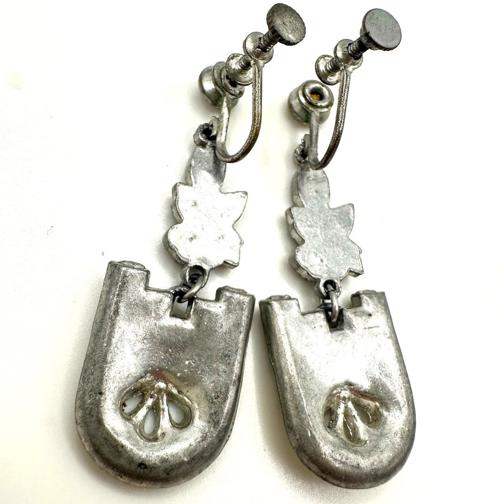 Antique Art Deco silver tone Czech glass rhinestones drop screw back earrings