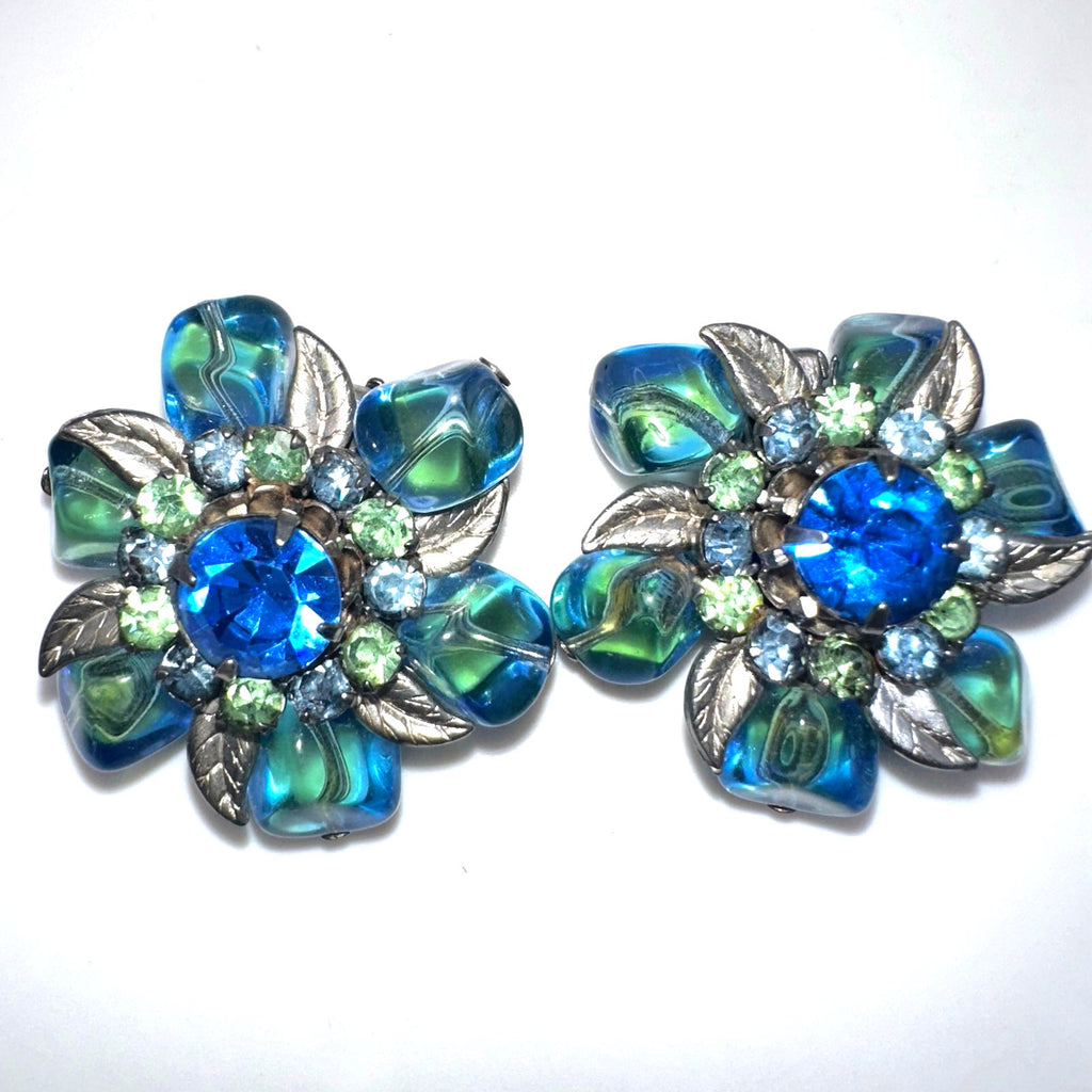 Vintage silver tone blue green givré uranium glass rhinestones clip on earrings