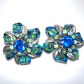 Vintage silver tone blue green givré uranium glass rhinestones clip on earrings