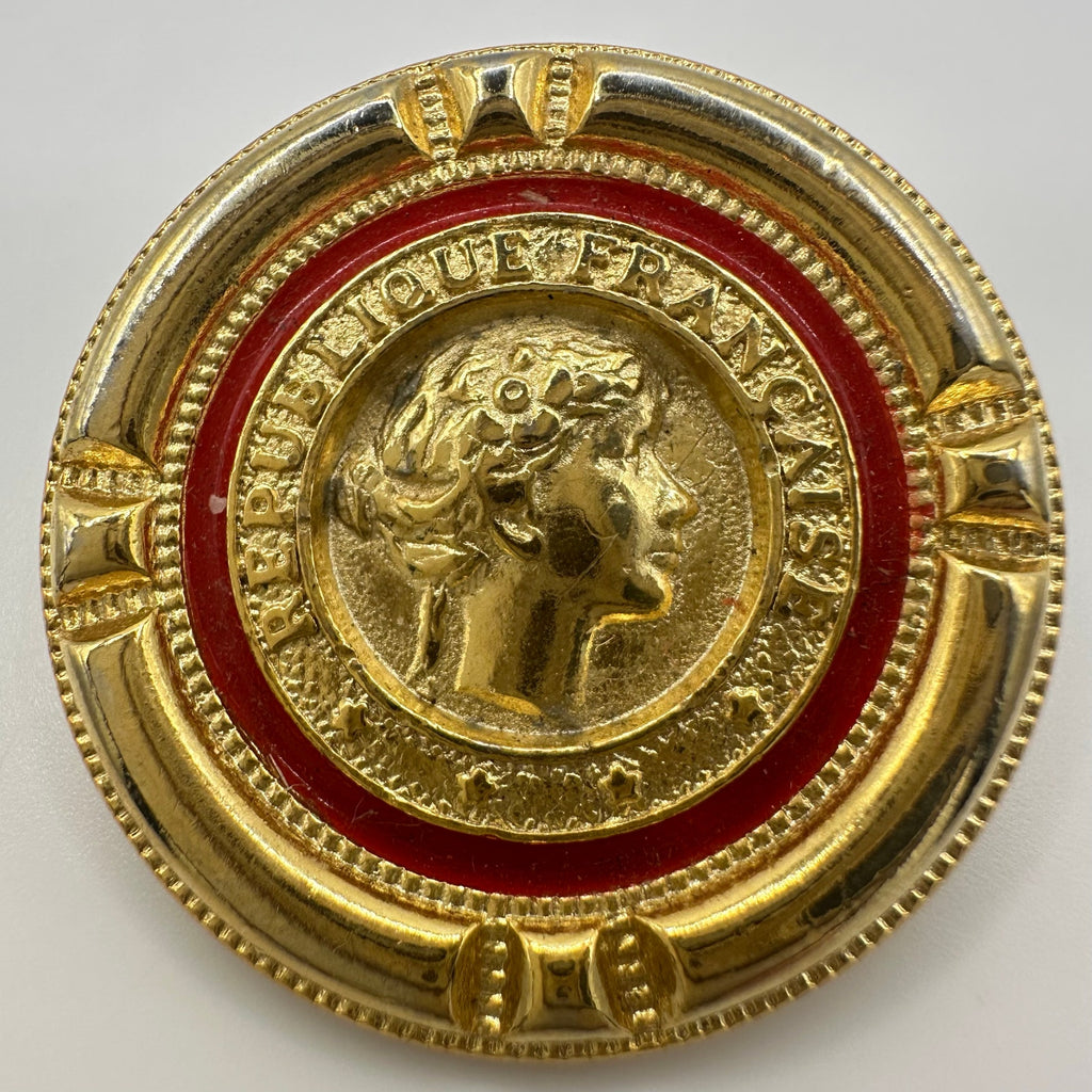 Vintage gold tone red enamel French Republic coin replica statement brooch