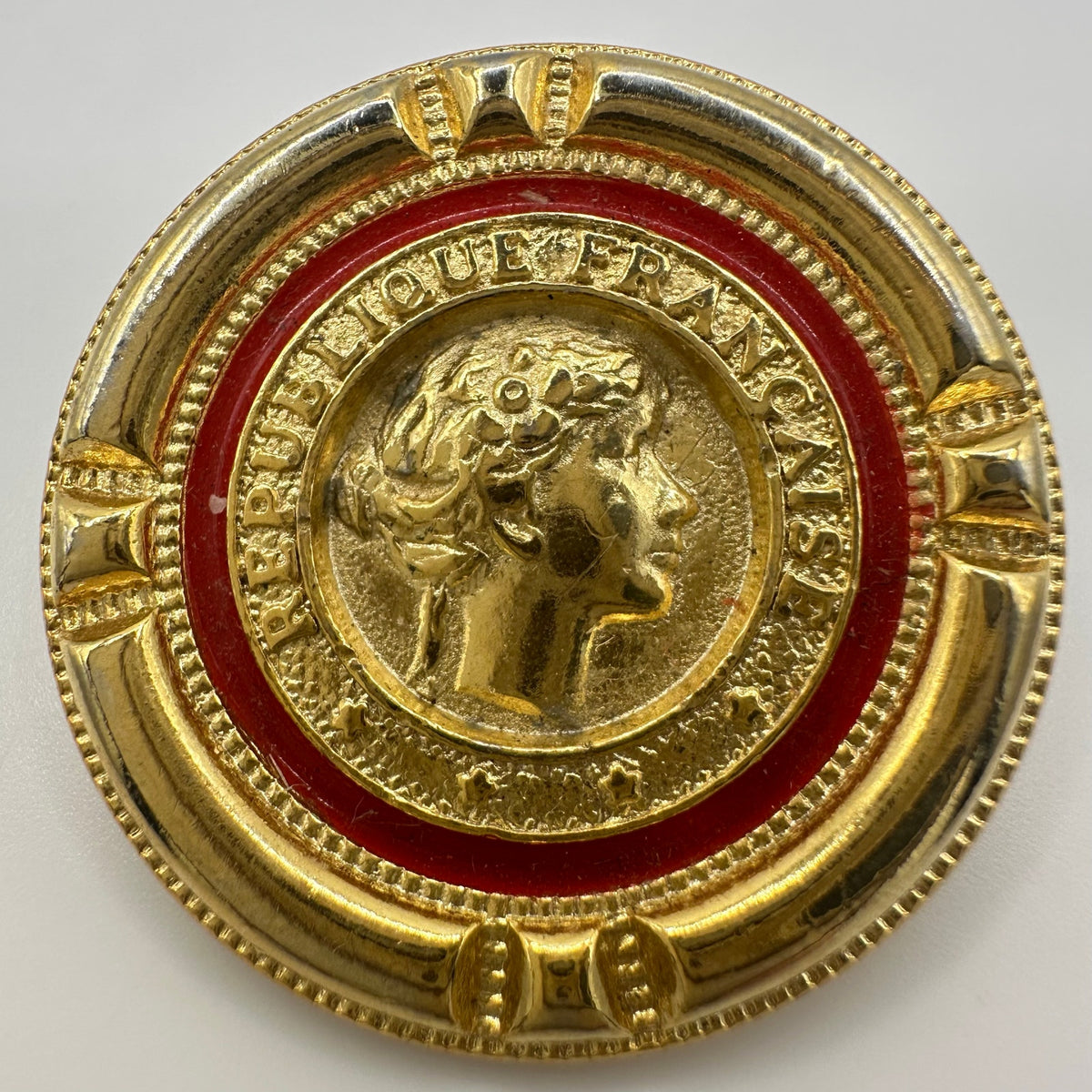 Vintage gold tone red enamel French Republic coin replica statement brooch