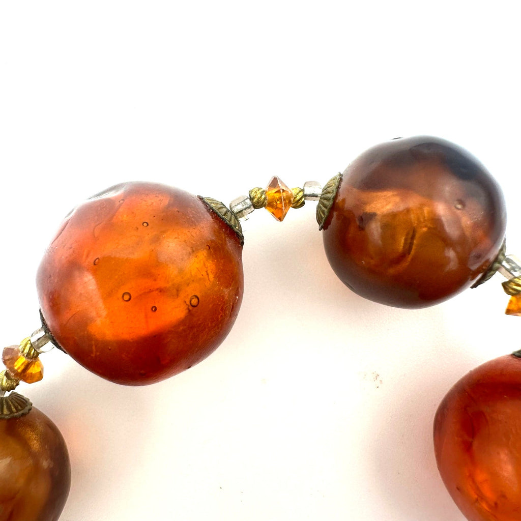 Antique 1920s 1930s Art Deco faux amber large lucite beads beaded 21" necklace