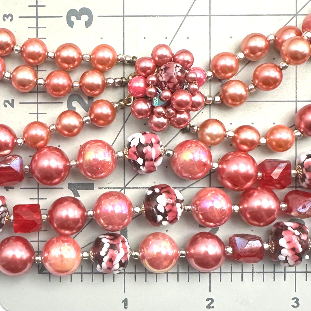 Japan vintage 3 strand pink AB lucite faux pearls red glass beaded necklace