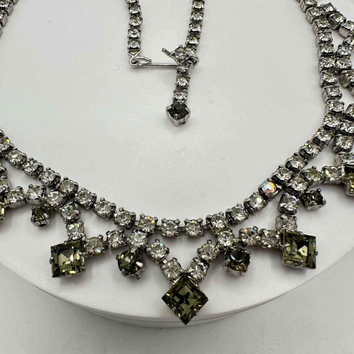 1940s 1950s vintage silver tone clear gray glass rhinestones swag necklace