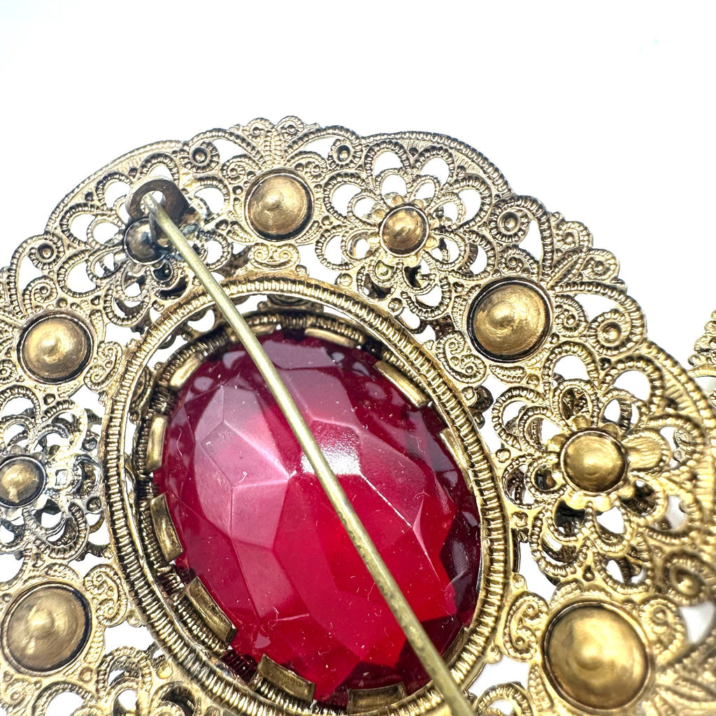 West Germany vintage gold tone red pink rhinestones brooch clip on earrings set