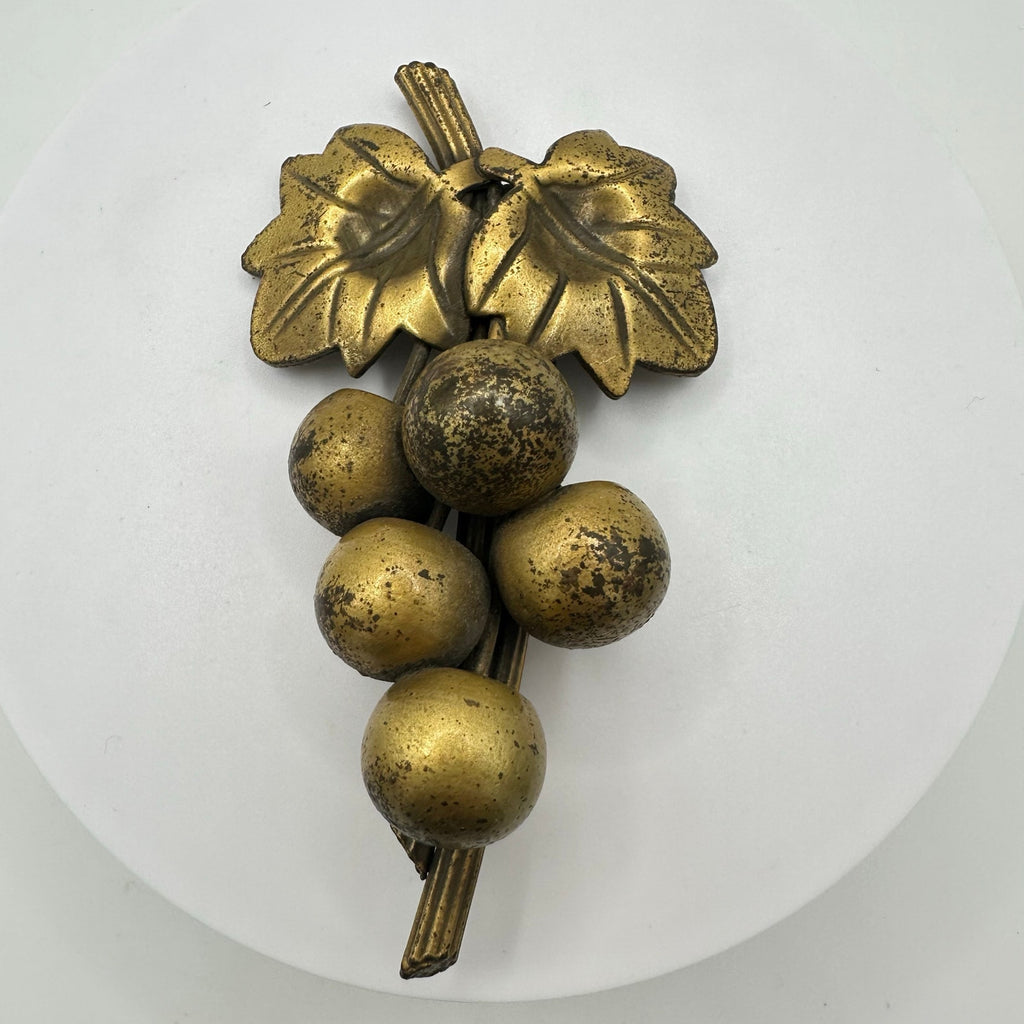 Vintage antique 1930s 1940s gold tone brass grapes bunch brooch pin