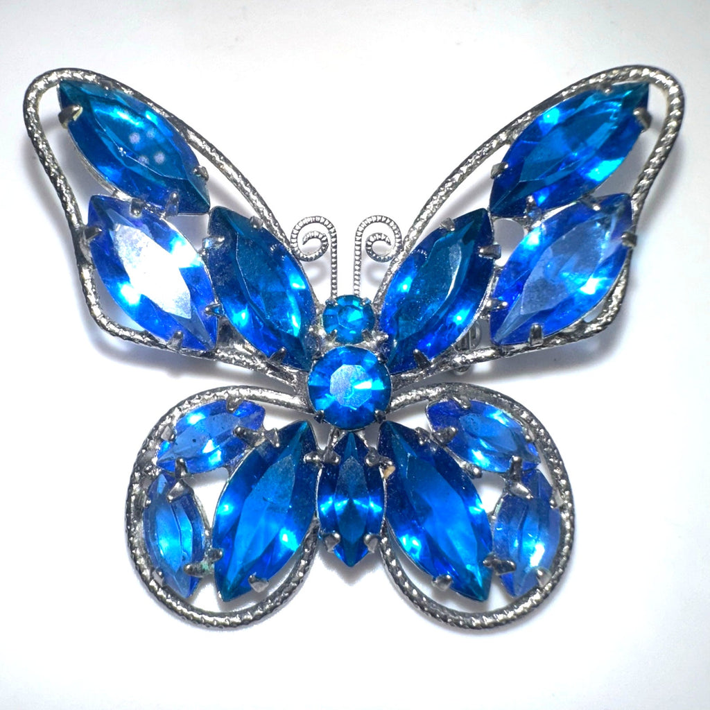Vintage silver tone royal cobalt blue unfoiled rhinestones butterfly brooch