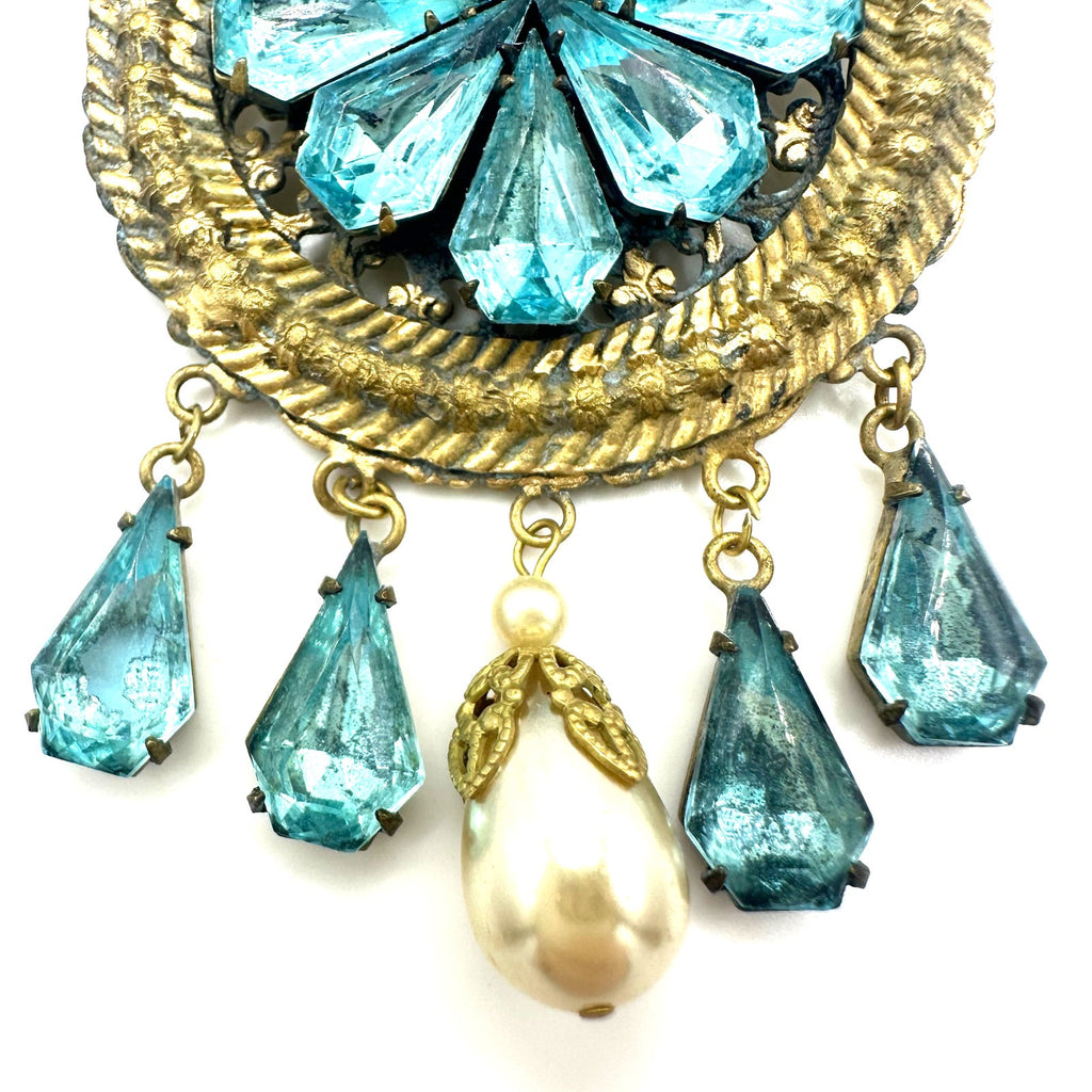 1940s vintage gold tone light blue rhinestones pearl dangling charms brooch