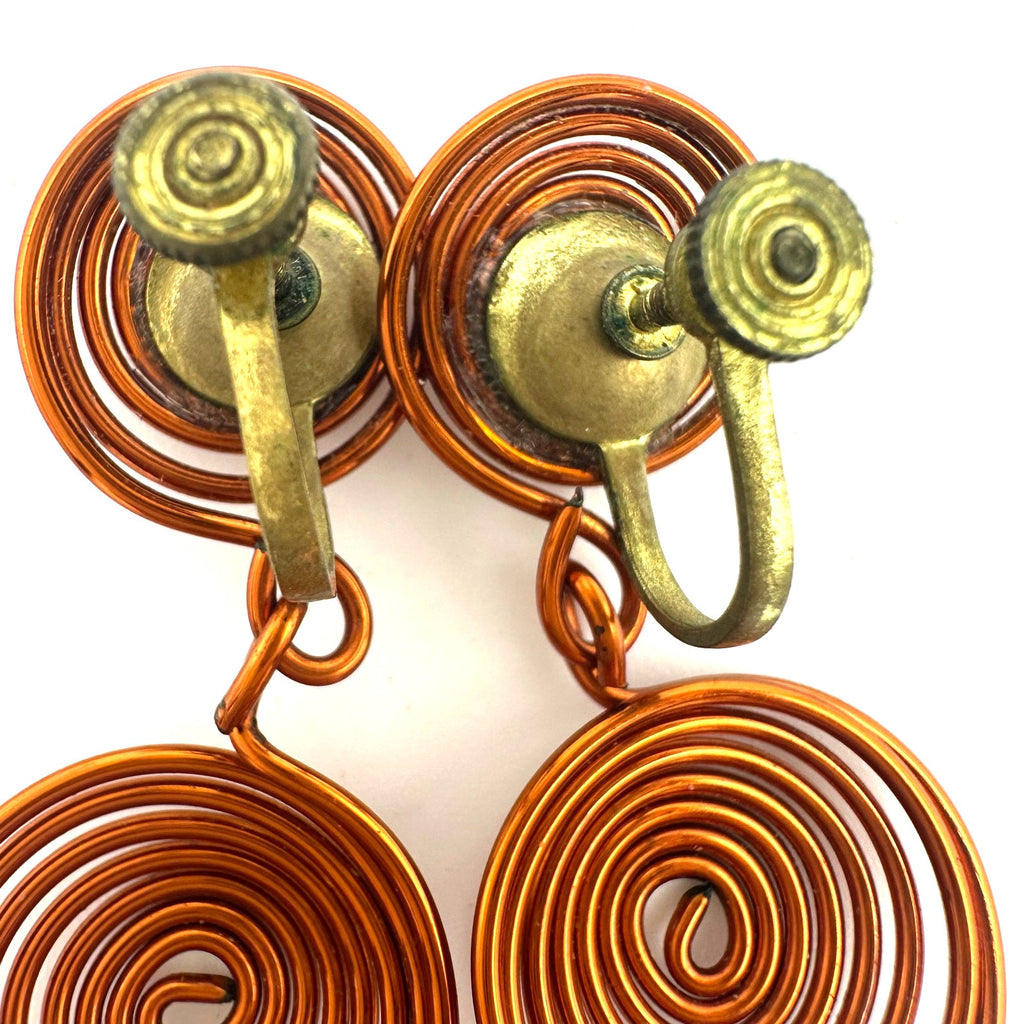 Vintage handmade artisan solid copper modernist necklace screw back earrings set