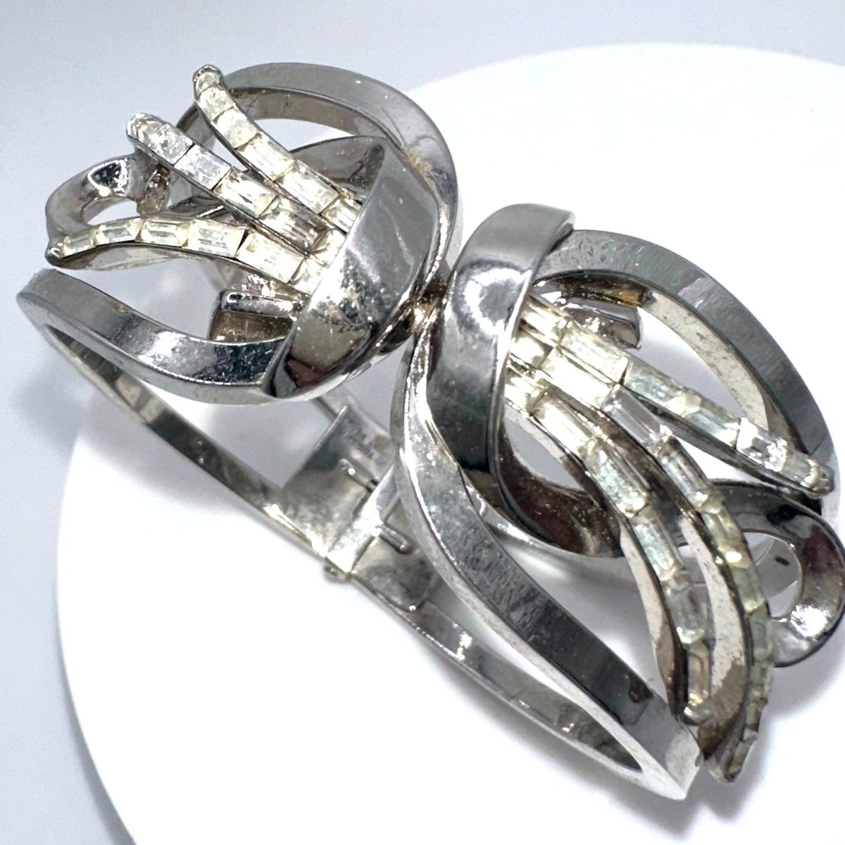 Trifari 1949 Alfred Philippe silver tone rhinestones clamper bangle bracelet