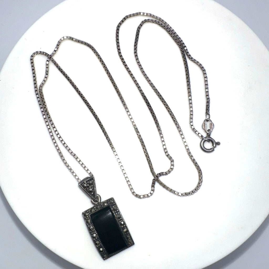 MD Thai 925 sterling silver black onyx marcasite pendant 24" box chain necklace