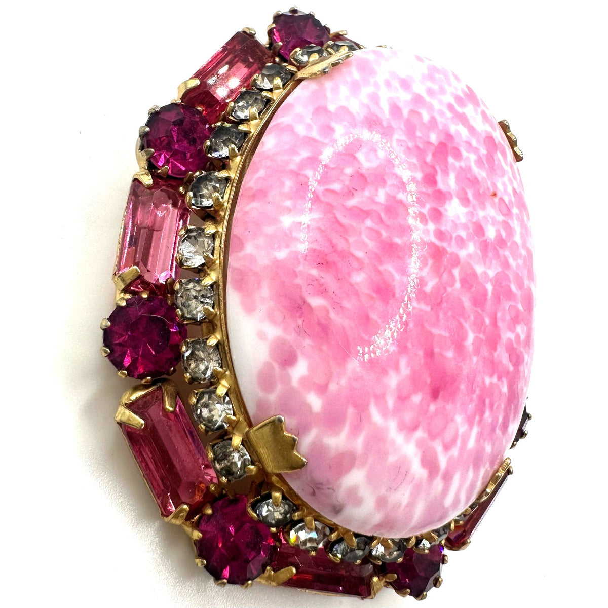 Vintage gold tone oval pink mottled art glass cabochon rhinestones brooch