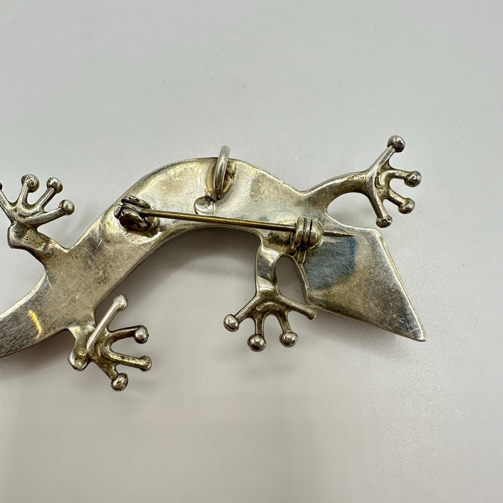 Native American sterling silver fire opal turquoise inlay lizard brooch pendant