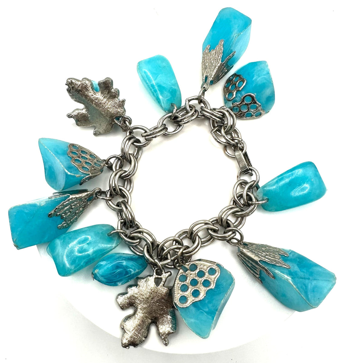 Vintage 1960s silver tone double cable link light blue lucite charms bracelet