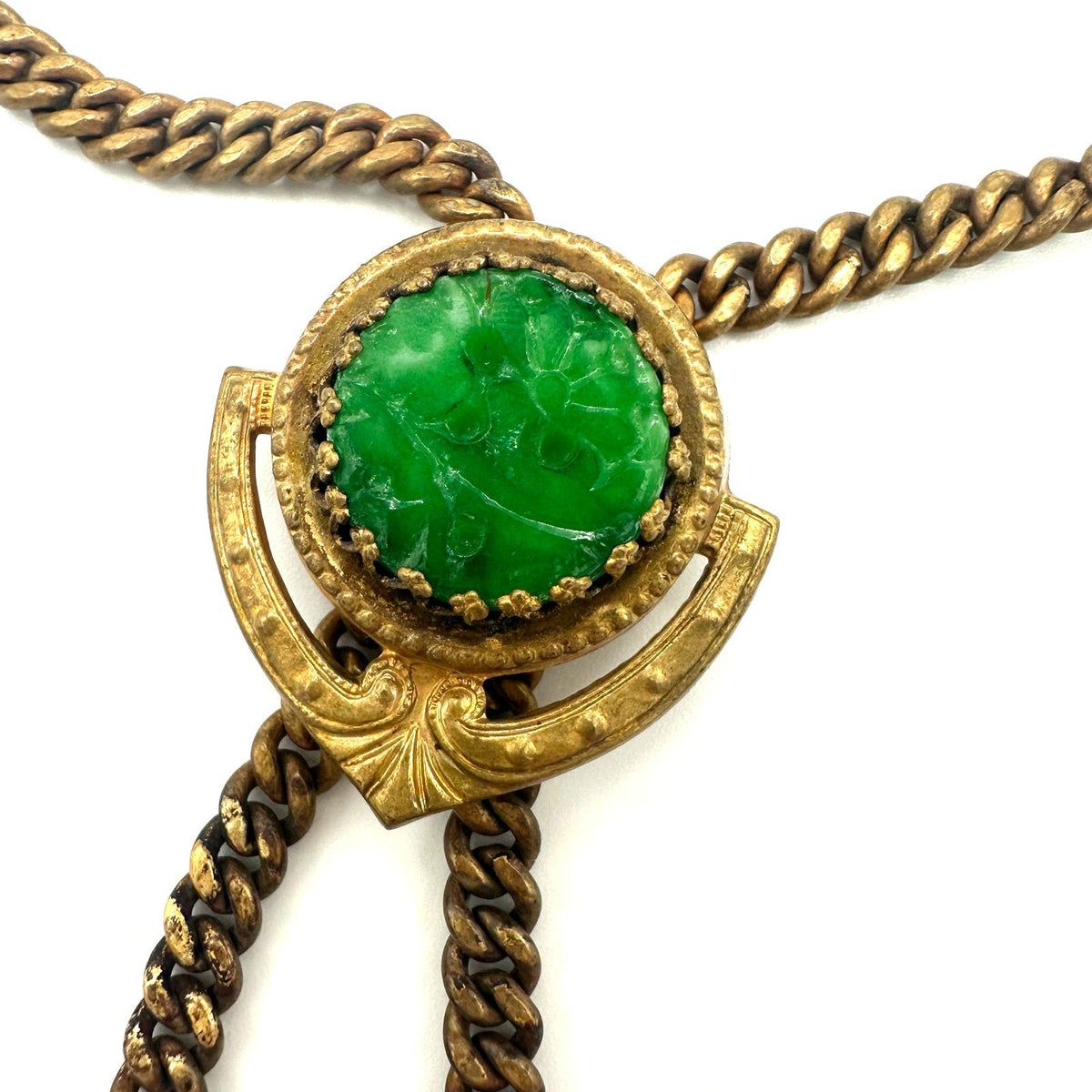 Antique vintage Victorian Revival brass molded green glass slider fob necklace