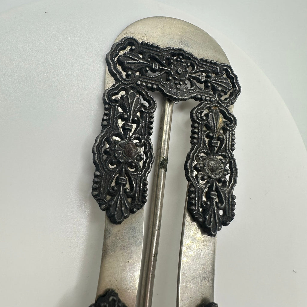 Antique Victorian large silver pewter tone cut steel filigree slider belt buckle