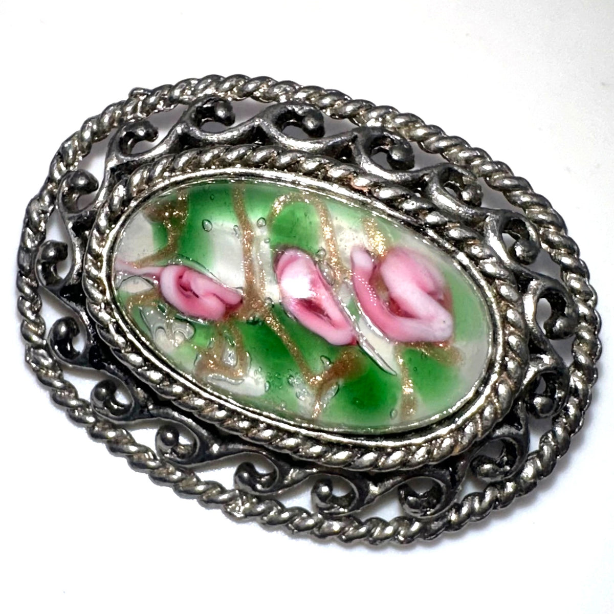 Vintage silver tone Murano pink green blown art glass cabochon oval brooch pin