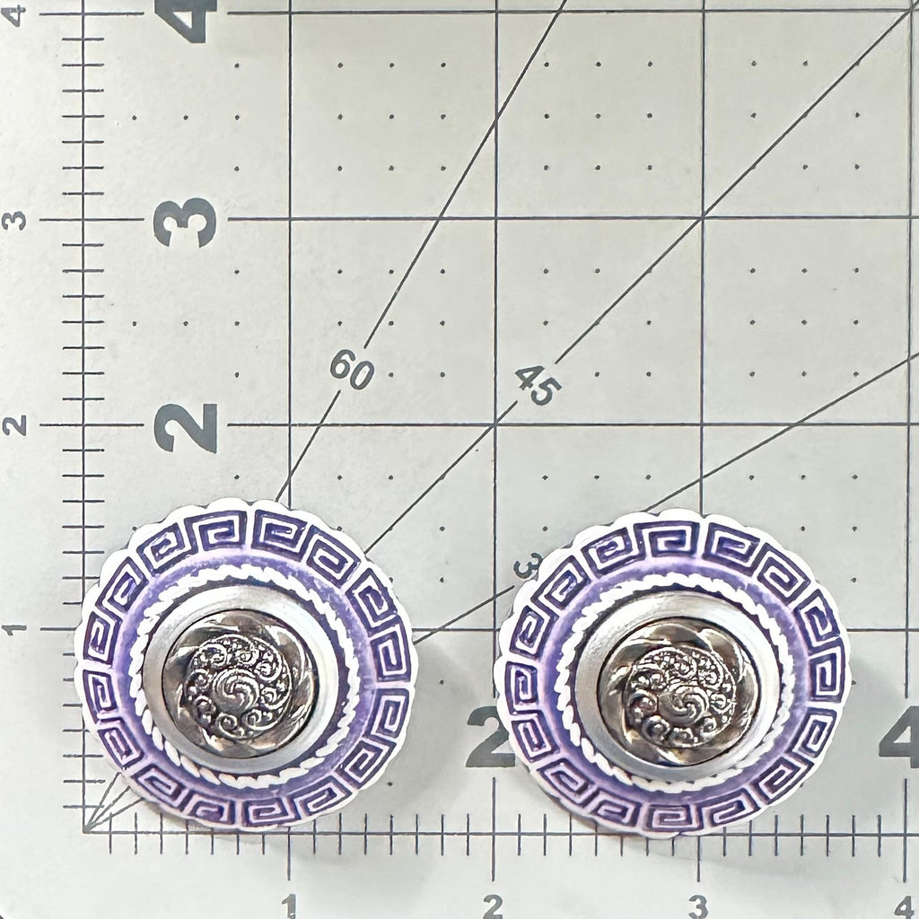 1980s vintage silver tone blue white Greek Key statement clip on earrings