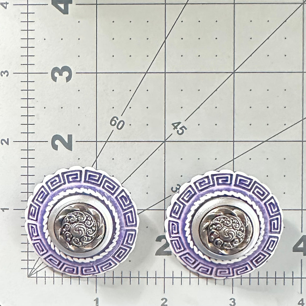 1980s vintage silver tone blue white Greek Key statement clip on earrings