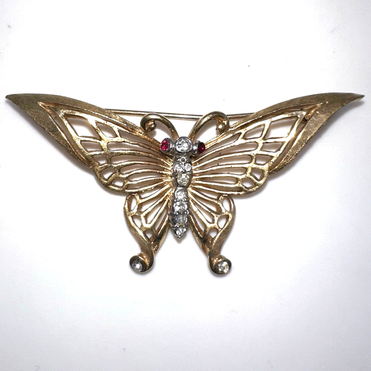 Marcel Boucher vintage gold tone clear red rhinestones butterfly brooch