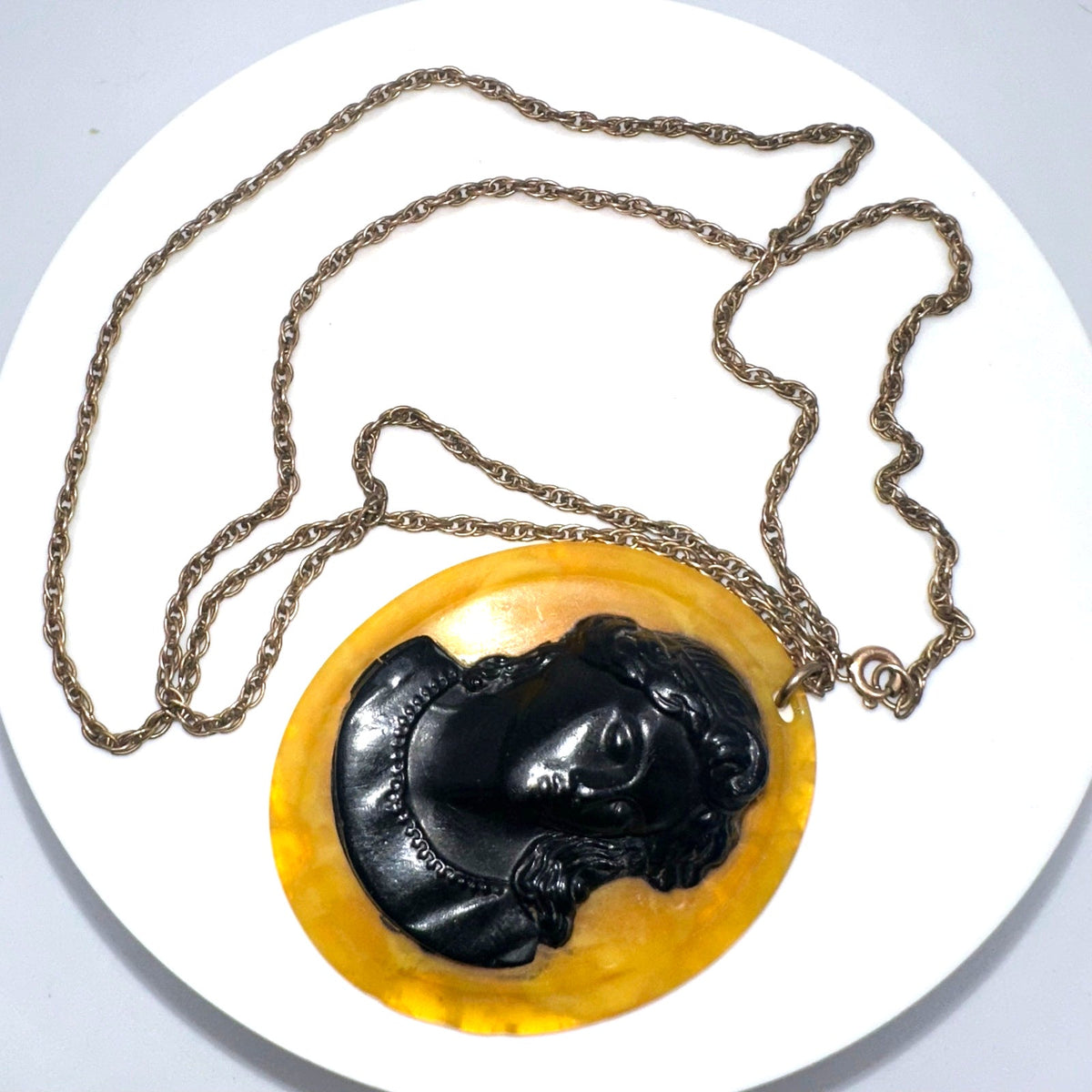 Antique Art Deco 1920s butterscotch celluloid cameo gold filled 25” necklace