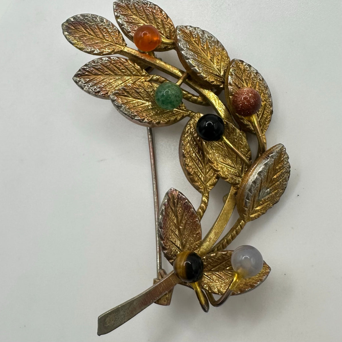 Vintage gold plated multicolor all semiprecious beads beaded leaf brooch pin