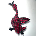 Vintage black gunmetal japanned red rhinestones duck bird figural brooch