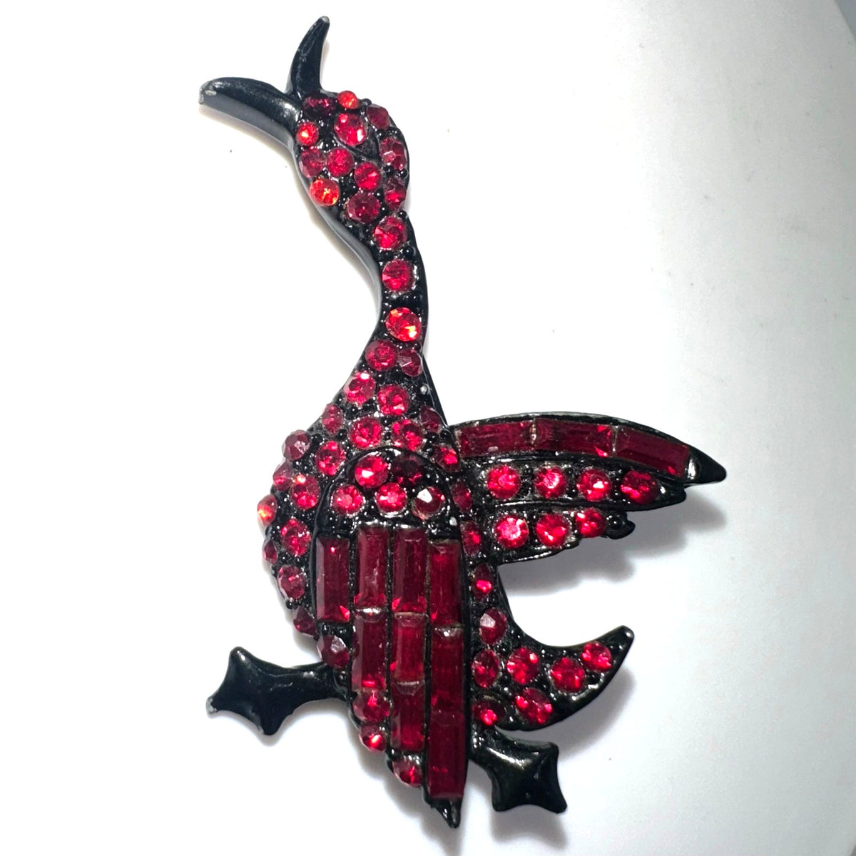 Vintage black gunmetal japanned red rhinestones duck bird figural brooch